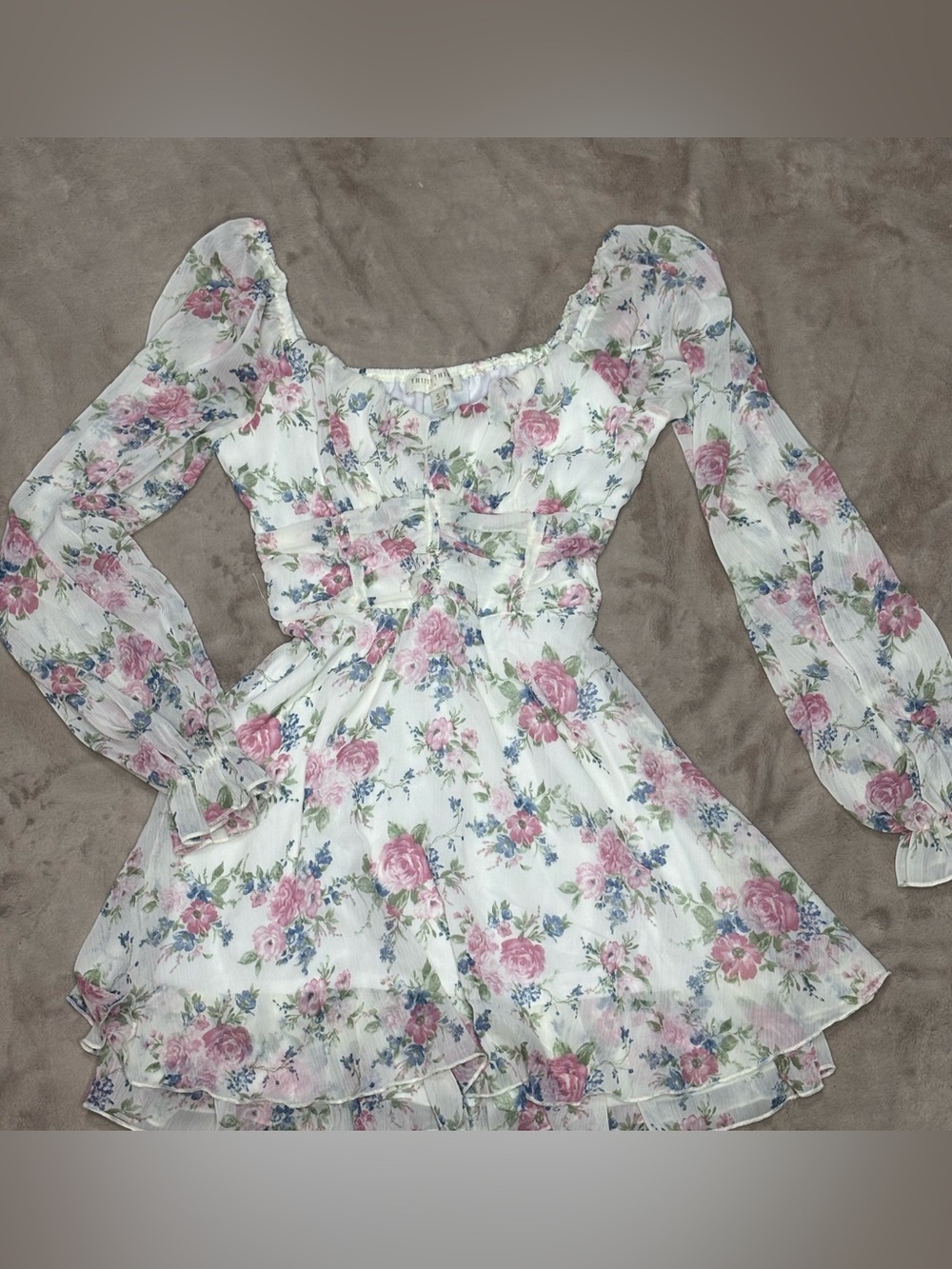 Floral Pink and White Long-Sleeve Dress